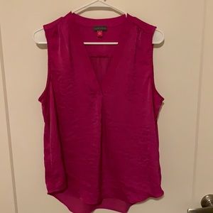 Vince Camino, 100% polyester, fuchsia. V-neck, sleeveless blouse.
